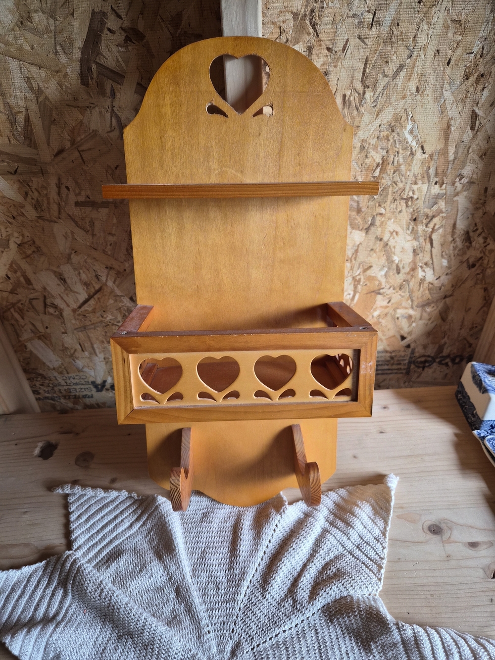 Wooden Wall Organizer with Heart Cutouts - Honey Tone